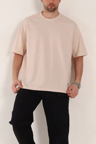 Bej Oversize Parçalı Basic Erkek Tişört 351988