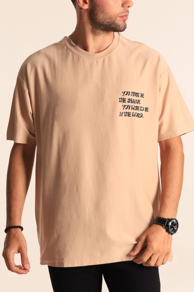 Bej Oversize Sırt Baskılı Erkek Tişört 194600