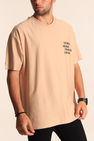 Bej Oversize Sırt Baskılı Erkek Tişört 194600