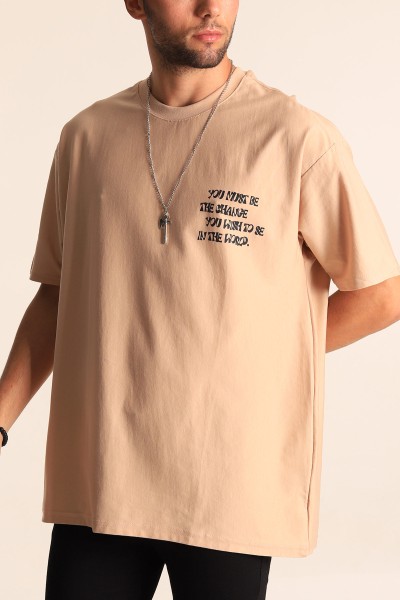Bej Oversize Sırt Baskılı Erkek Tişört 194600