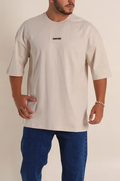 Bej Oversize Suprem Kumaş Plastik Baskı Detaylı Erkek Tişört 267357