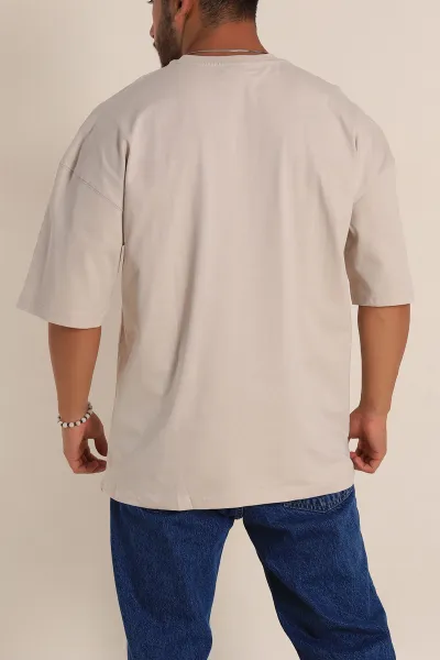 Bej Oversize Suprem Kumaş Plastik Baskı Detaylı Erkek Tişört 267357