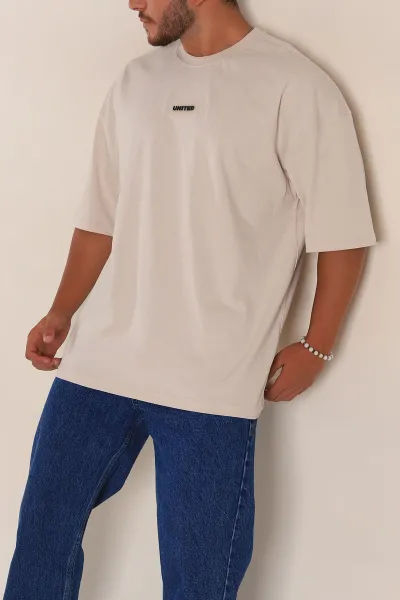 Bej Oversize Suprem Kumaş Plastik Baskı Detaylı Erkek Tişört 267357