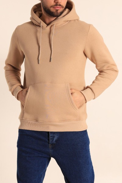 Bej Oversize Üç İp Şardonlu Basic Kapüşonlu Erkek Sweatshirt 222526