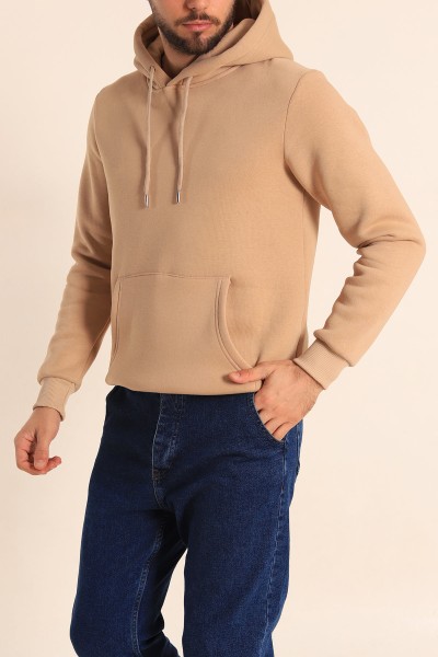 Bej Oversize Üç İp Şardonlu Basic Kapüşonlu Erkek Sweatshirt 222526