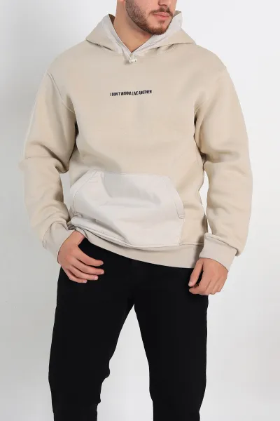 Bej Oversize Üç İp Şardonlu Kapüşonlu Erkek Sweatshirt 309119