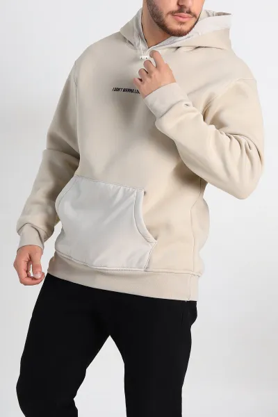 Bej Oversize Üç İp Şardonlu Kapüşonlu Erkek Sweatshirt 309119