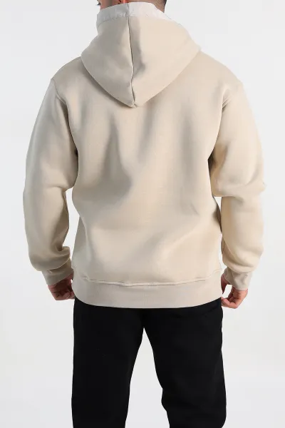 Bej Oversize Üç İp Şardonlu Kapüşonlu Erkek Sweatshirt 309119