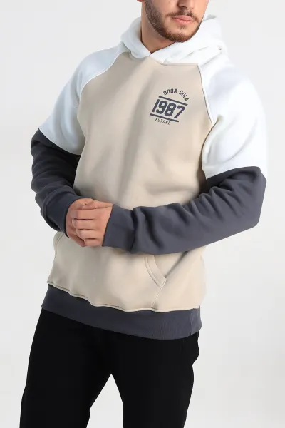 Bej Oversize Üç İp Şardonlu Yazı Detaylı Kapüşonlu Erkek Sweatshirt 309197