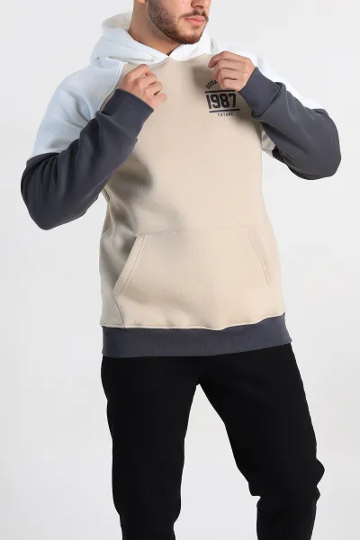 Bej Oversize Üç İp Şardonlu Yazı Detaylı Kapüşonlu Erkek Sweatshirt 309197