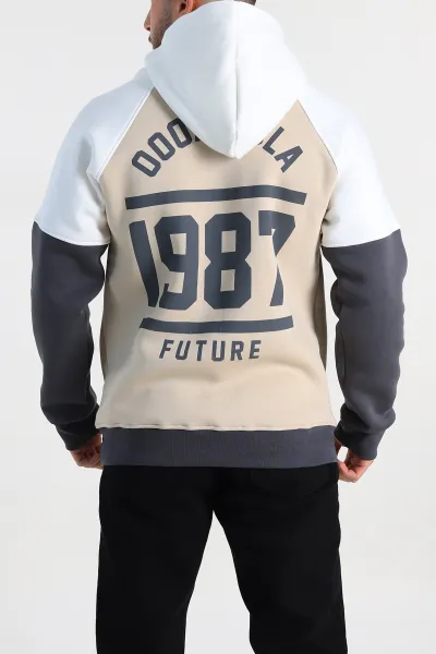 Bej Oversize Üç İp Şardonlu Yazı Detaylı Kapüşonlu Erkek Sweatshirt 309197