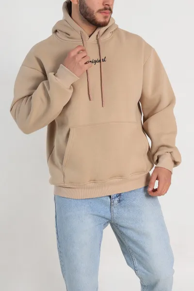 Bej Oversize Üç İp Şardonlu Yazı Detaylı Kapüşonlu Erkek Sweatshirt 310963