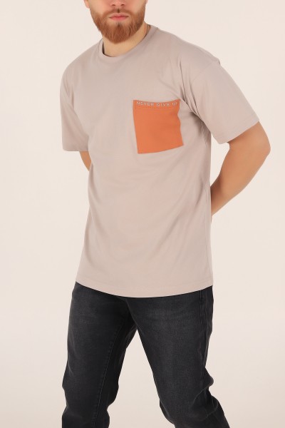 Bej Oversize Yazı Baskılı Cep Detay 169645