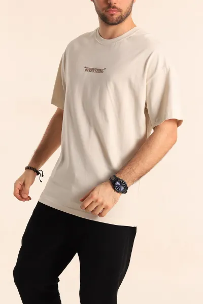 Bej Oversize Yazı Detay Erkek Tişört 247982