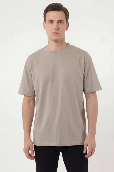 Bej Oversize Oysho Kumaş Bisiklet Yaka Erkek Tişört 453870