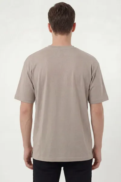 Bej Oversize Oysho Kumaş Bisiklet Yaka Erkek Tişört 453870