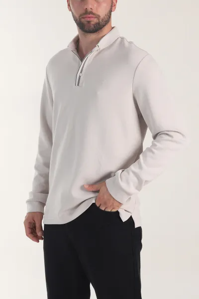 Bej Oysho Kumaş Düğmeli Polo Yaka Erkek Sweatshirt 406022