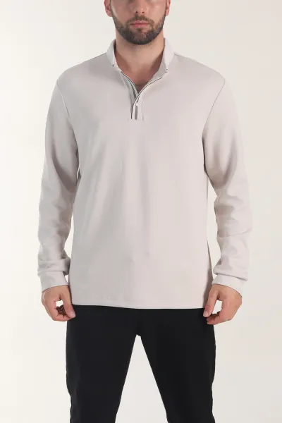 Bej Oysho Kumaş Düğmeli Polo Yaka Erkek Sweatshirt 406022