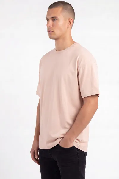 Bej Oysho Kumaş Oversize Bisiklet Yaka Erkek Tişört 465395