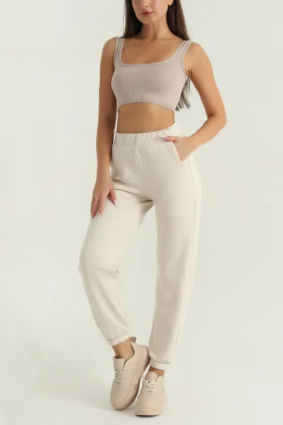 Bej Paça Çıtçıtlı Modal Kadın Pantolon 381465