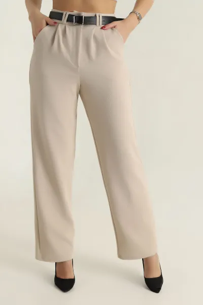 Bej Palazzo Krep Kemerli Kadın Pantolon 415541