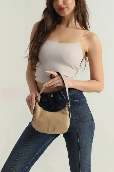 Bej Peluş Ayarlanabilir Askılı Kadın El Kol ve Omuz Çantası 415386