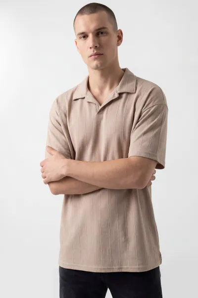 Bej Pike Kumaş Oversize Polo Yaka Erkek Tişört 448946
