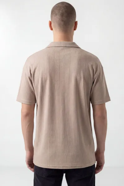 Bej Pike Kumaş Oversize Polo Yaka Erkek Tişört 448946