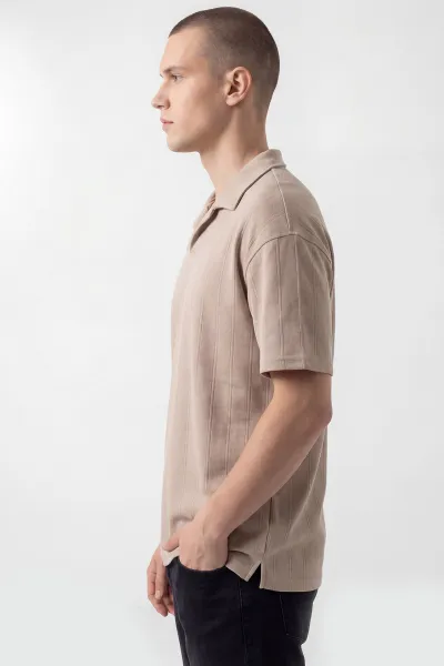 Bej Pike Kumaş Oversize Polo Yaka Erkek Tişört 448946