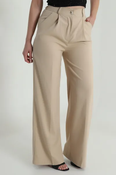 Bej Pileli Cepli Double Kadın Pantolon 486953