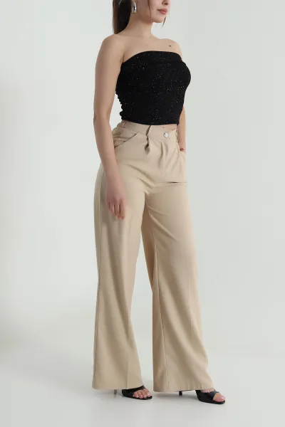 Bej Pileli Cepli Double Kadın Pantolon 486953