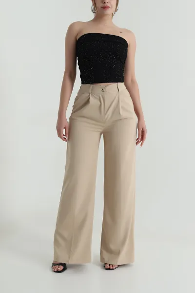 Bej Pileli Cepli Double Kadın Pantolon 486953