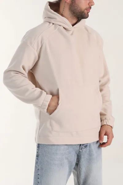 Bej Polar Kumaş Kapüşonlu Erkek Sweatshirt 408517