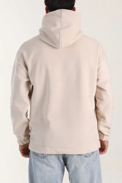 Bej Polar Kumaş Kapüşonlu Erkek Sweatshirt 408517