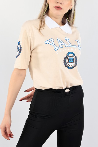 Bej Polo Yaka Bayan Tişört 93913