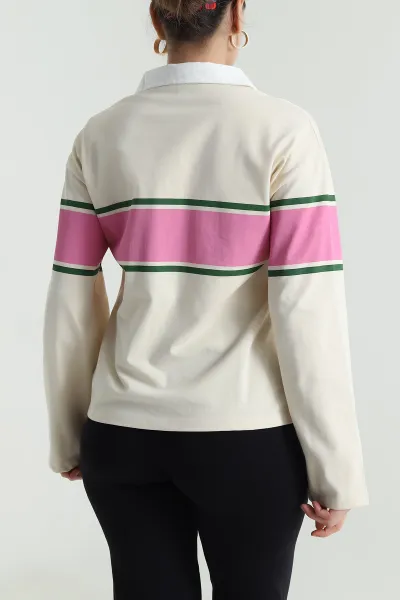 Bej Polo Yaka Çizgili Kadın Fermuarsız Sweat 493742