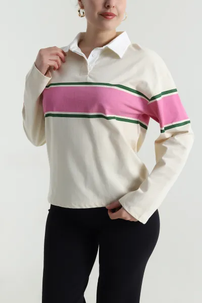 Bej Polo Yaka Çizgili Kadın Fermuarsız Sweat 493742