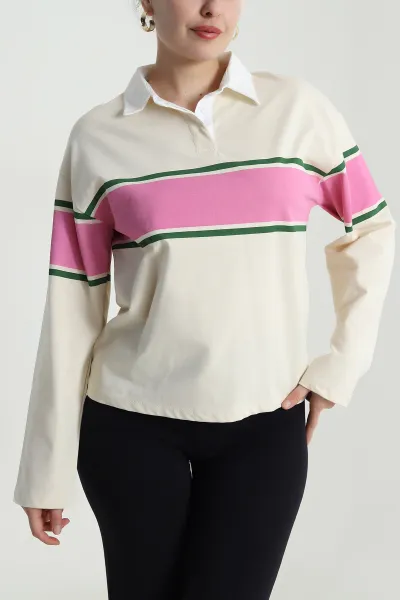 Bej Polo Yaka Çizgili Kadın Fermuarsız Sweat 493742
