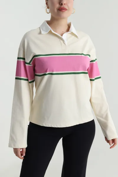 Bej Polo Yaka Çizgili Kadın Fermuarsız Sweat 493742