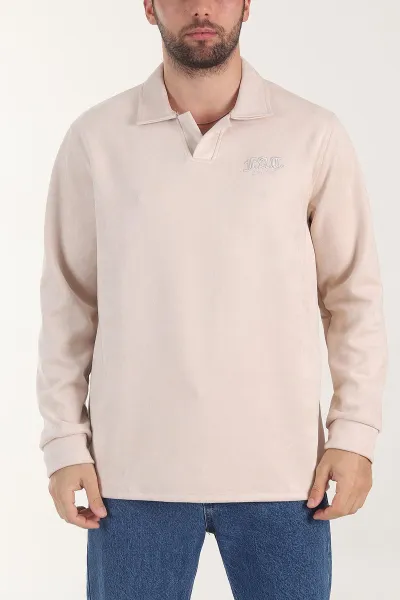 Bej Polo Yaka Düğmeli Nakış Detaylı Erkek Sweatshirt 404862