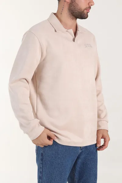 Bej Polo Yaka Düğmeli Nakış Detaylı Erkek Sweatshirt 404862