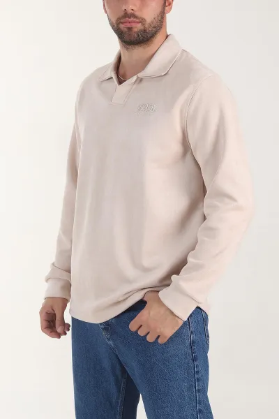 Bej Polo Yaka Düğmeli Nakış Detaylı Erkek Sweatshirt 404862