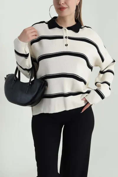 Bej Polo Yaka Kadın Triko Kazak 490694