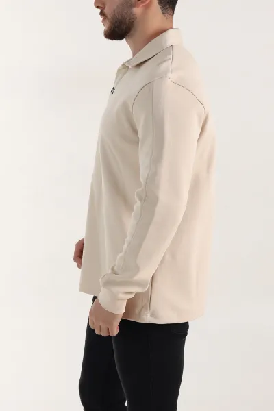 Bej Polo Yaka Uzun Kollu Erkek Sweatshirt 397136