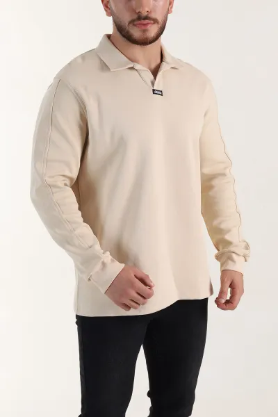 Bej Polo Yaka Uzun Kollu Erkek Sweatshirt 397136