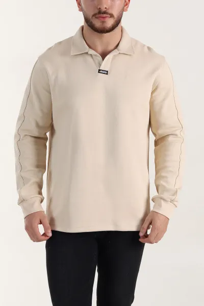 Bej Polo Yaka Uzun Kollu Erkek Sweatshirt 397136
