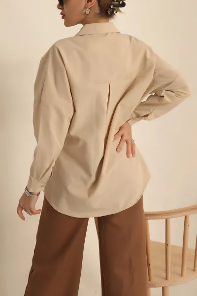 Bej Poplin Dokuma Bayan Gömlek 234846