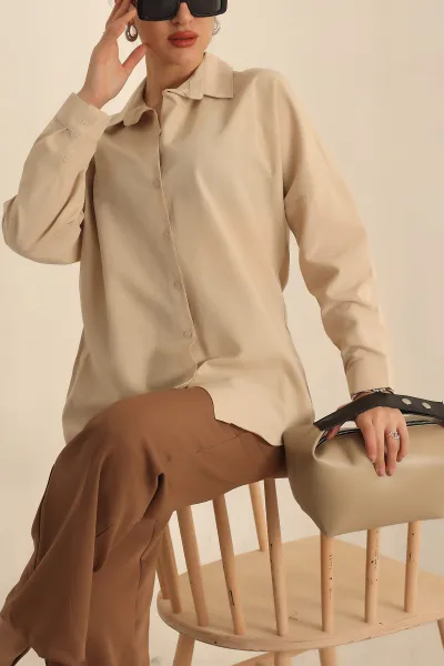 Bej Poplin Dokuma Bayan Gömlek 234846
