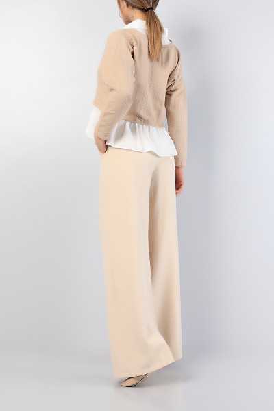 Bej Poplin Eklemeli Triko Bluz 82242