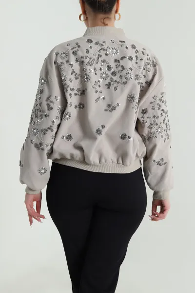 Bej Pul Nakış Detay Işık Kadife Kadın Bomber 491566